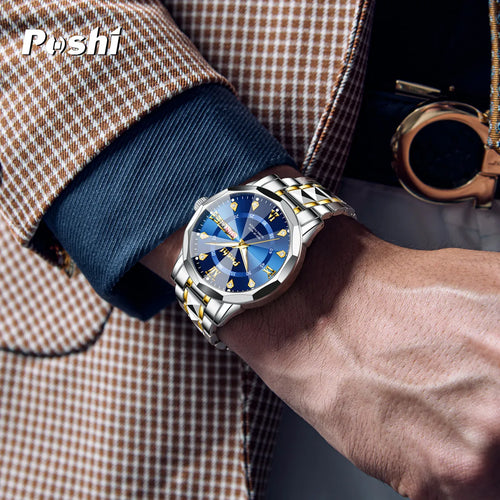 POSHI Men's Watch Date Week Fashion Business Quartz Watch For Man Original Waterproof Luminous Dual Calendar Quartz Wristwatch